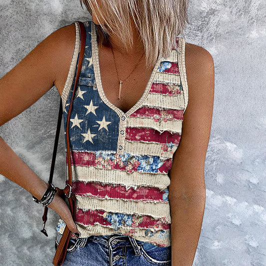 Women's Independence Day Flag And Floral Print Tank Top artswardrobe