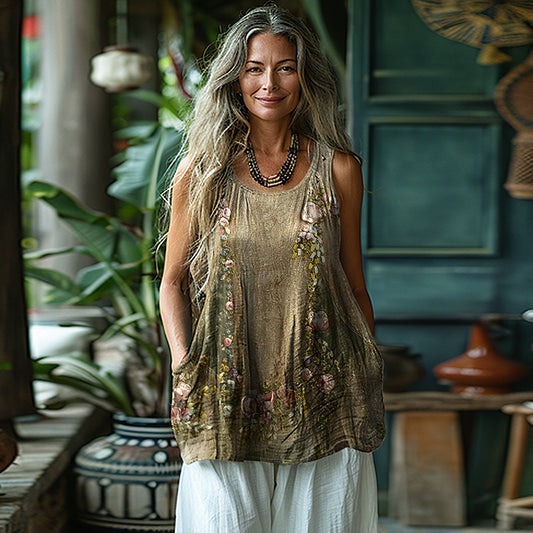 Vintage Tribal Floral Art Sleeveless Linen Blend Tank Top artswardrobe
