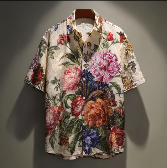 Bohemian Style Plant And Flower Pattern Men's Retro Cotton And Linen Shirt artswardrobe