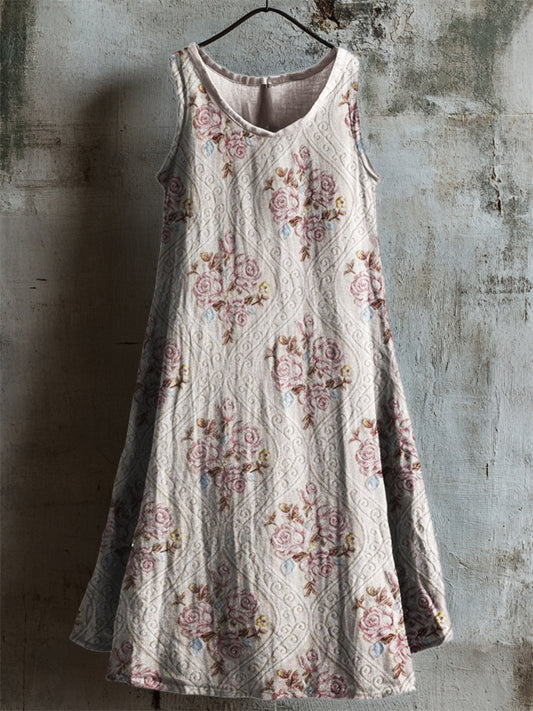 Vintage Roses Floral Pattern Linen Tank Dress artswardrobe