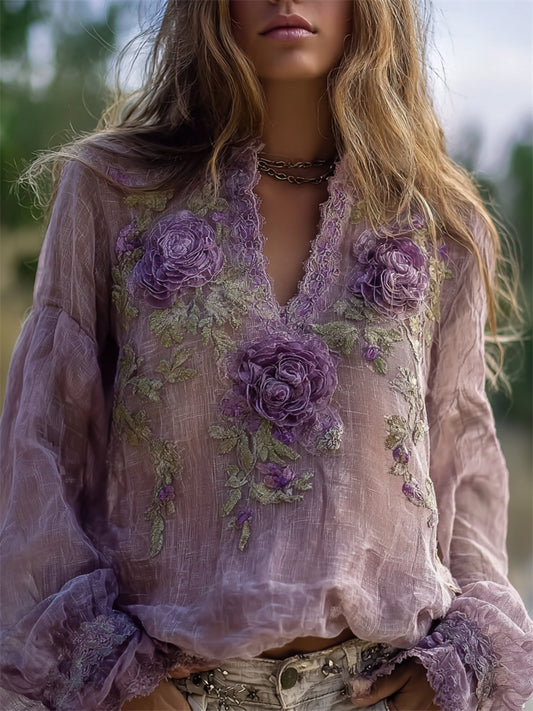 Comstylish Classy Purple Flowers Fiber Art Flowy Linen Tunic