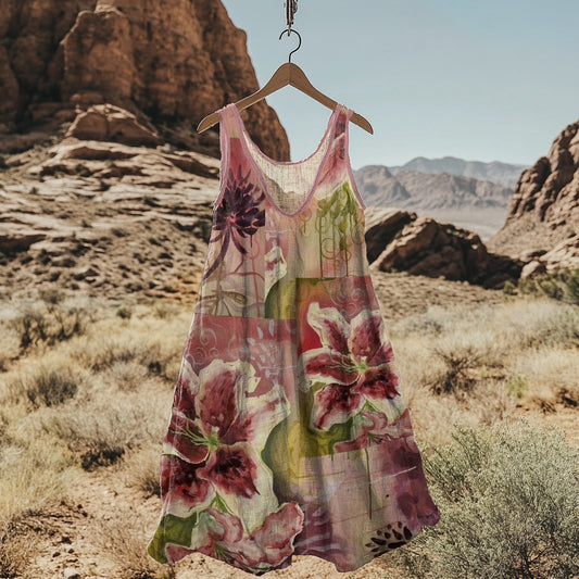 Abstract Creative Floral Art Linen Blend Tank Dress artswardrobe