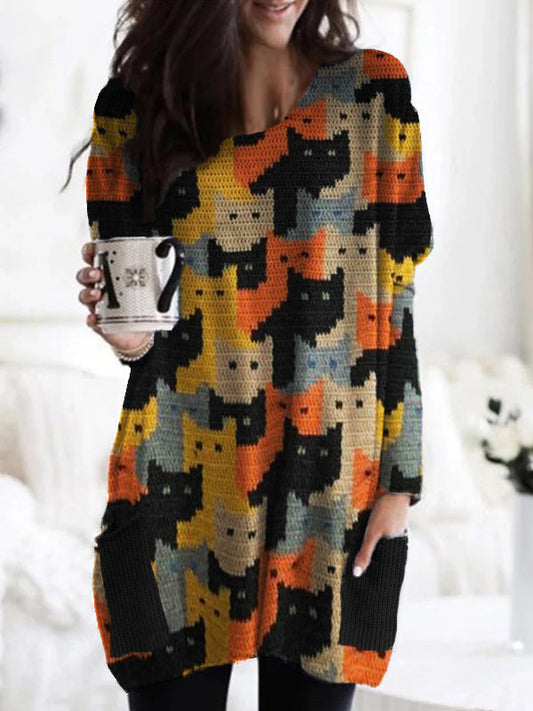 Colorful Cats Knit Art Patch Pockets Cozy Tunic elevenforest
