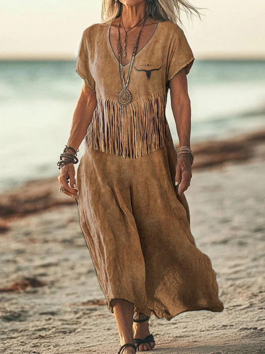 Women's Western Inspired Fringe Linen Blend Vintage Dress artswardrobe