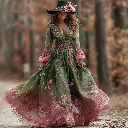 Comstylish Women's Floral And Star-moon Art Print Casual Long Dress