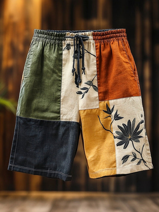 Boho Art Patchwork Fabric Men's Vintage Linen Short artswardrobe