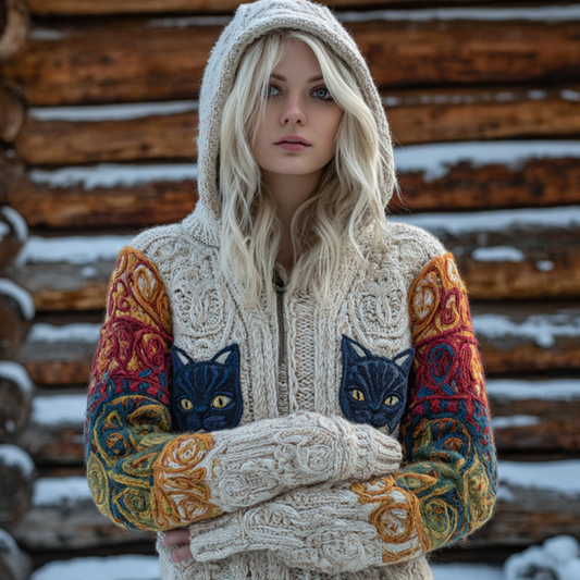 Comstylish Lady Retro Viking Style Fun Cat Knit Hooded Cardigan Sweater Jacket