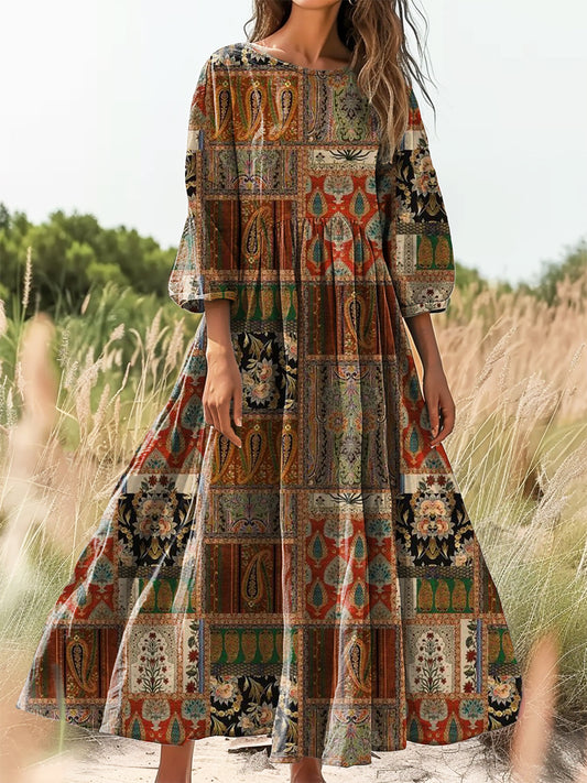 Women's Vintage Bohemian Floral Art Print Flowy Cotton Crew Neck Dress