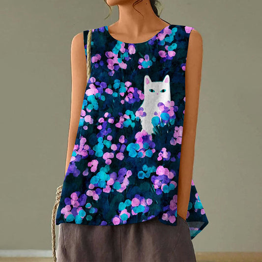 Comstylish Flowers Cat Art Print Casual Tank Top