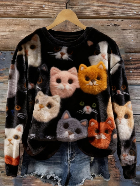 Comstylish Cute Fuzzy Colorful Cats Cozy Plush Sweatshirt