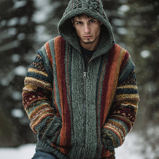 Men's Vintage Colorful Striped Celtic Art Jacquard Thick Warm Zip Hooded Sweater Cardigan artswardrobe