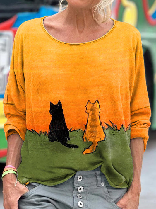 Cats Art Painting Print Long Sleeve T-shirt elevenforest
