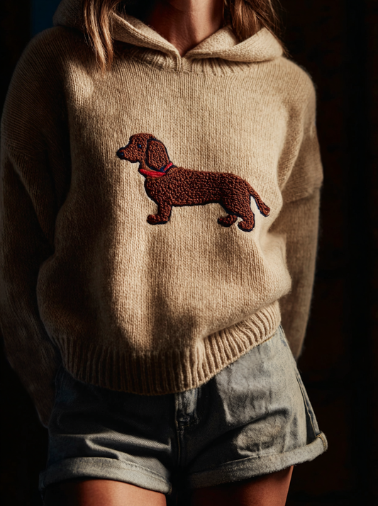 Classic Fuzzy Dachshund  Dog Felt Cozy Knit Hooded Sweater elevenforest
