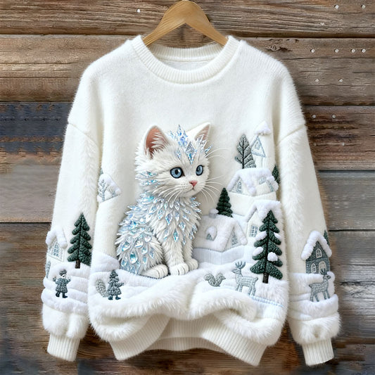 Comstylish Women's Christmas Cat Art Comfort Plush Sweatshirt