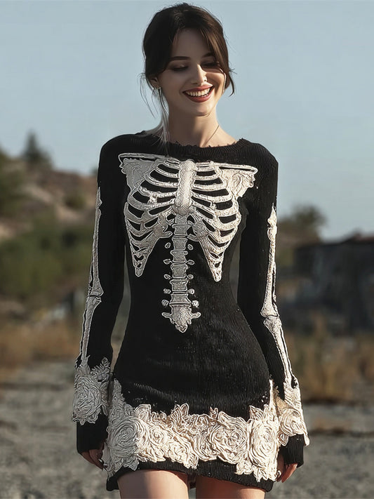 Comstylish Halloween Skeleton & Lace Floral Art Women's Knit Mini Dress