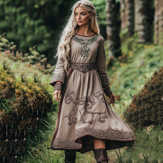 Vintage Viking Celtic Tree Of Life Basic Linen Crew Neck Dress artswardrobe