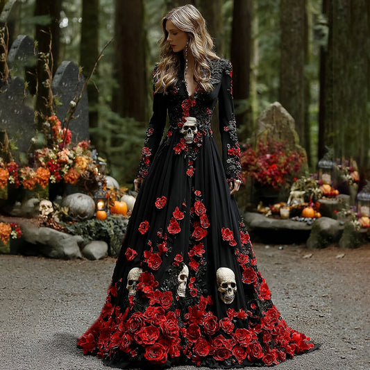 Comstylish Women's Elegant Red Rose Skull Pattern V-neck Long Sleeve Maxi Dress