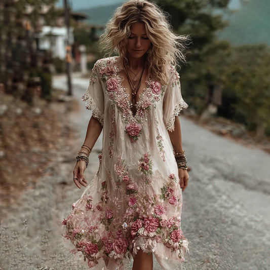 Women's Vintage Flower Embroidery Art Linen Short Sleeve Mini Dress artswardrobe