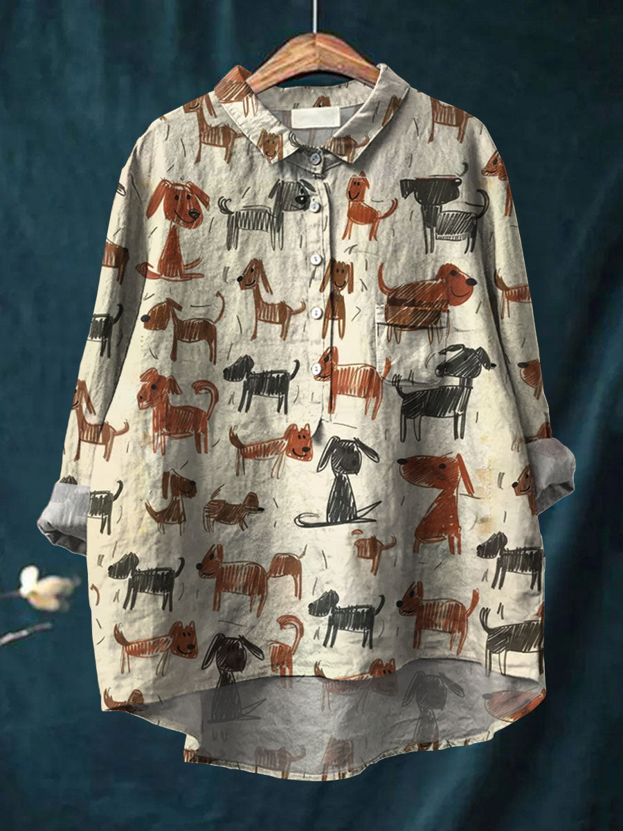 Women's Kid Drawing Art Dog Art Print Casual Cotton And Linen Shirt
