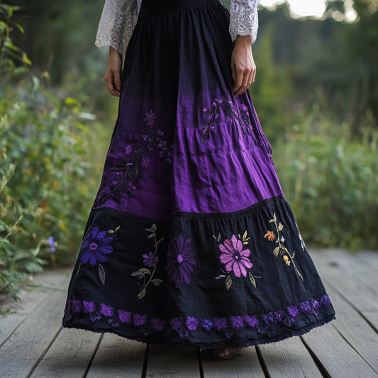 Women's Boho Lavender With Lace Patchwork Embroidered Art Linen Blend Skirt artswardrobe
