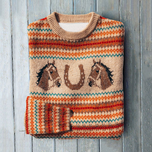 Vintage Horse Head Print Contrast Sweater elevenforest