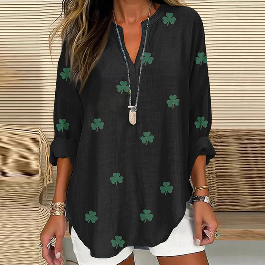 Comstylish St. Patrick's Shamrock Print V-neck Linen Blend Blouse