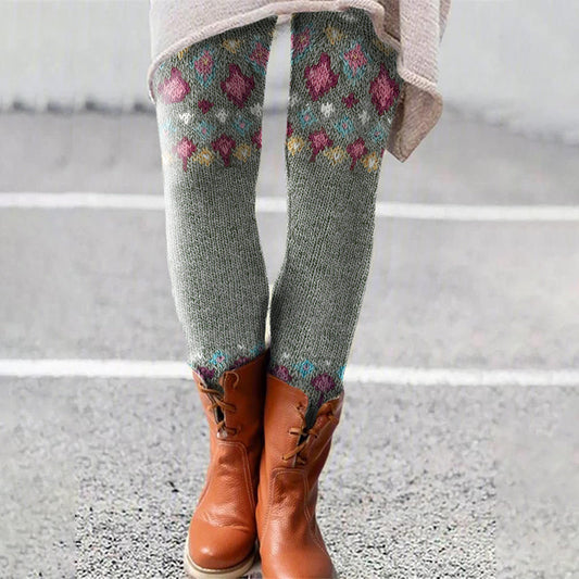 Contrast Diamond Knit Pattern Printed Leggings elevenforest