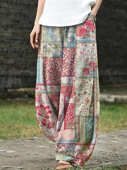 Vintage Floral Patchwork Printed Women's Loose Linen Pants artswardrobe