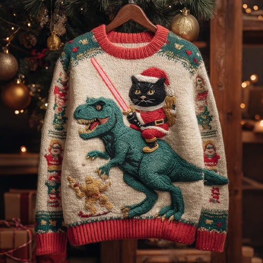 Men's Black Cat Riding A Dinosaur And Holding A Lightsaber Christmas Ugly Sweater artswardrobe