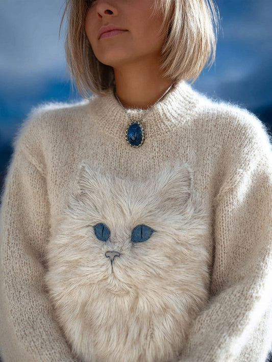 Cute Fuzzy Cat Embroidered Cozy Knit Sweater elevenforest