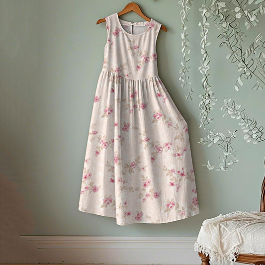 Vintage Floral Art Linen Midi Dress artswardrobe