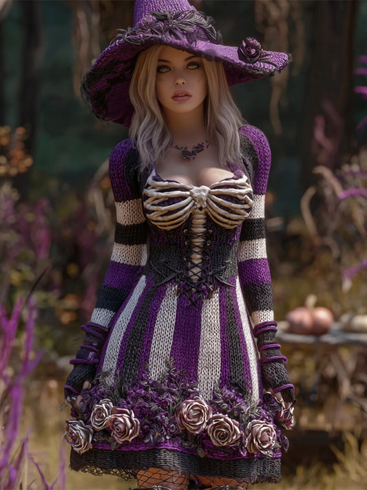 Comstylish Halloween Skeleton Floral Stripe Art Women's Knit A-line Mini Dress