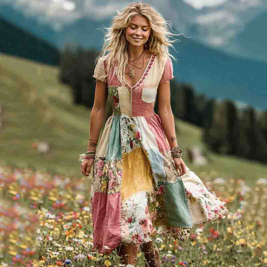 Women's Vintage Floral Art Patch Linen Comfy Short Sleeve Dress artswardrobe