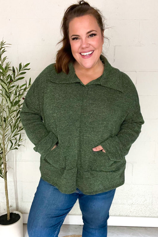 Kristina® | Easy Living Olive green textured knit sweater with notched neckline and oversized collar