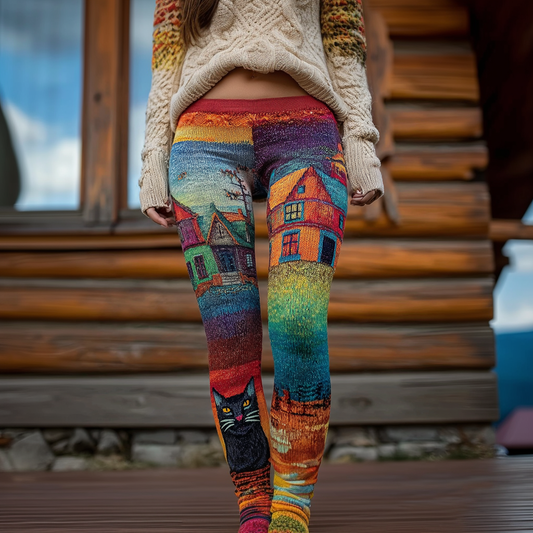 Comstylish Retro Oil Painting Style Cute Cat Pattern Women's Knitted Tight-fitting Leggings