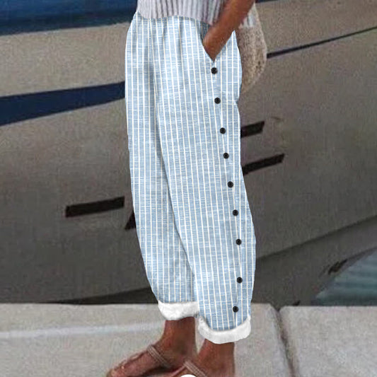 Women's Vintage Stripe Pattern Linen Blend Casual Pants artswardrobe