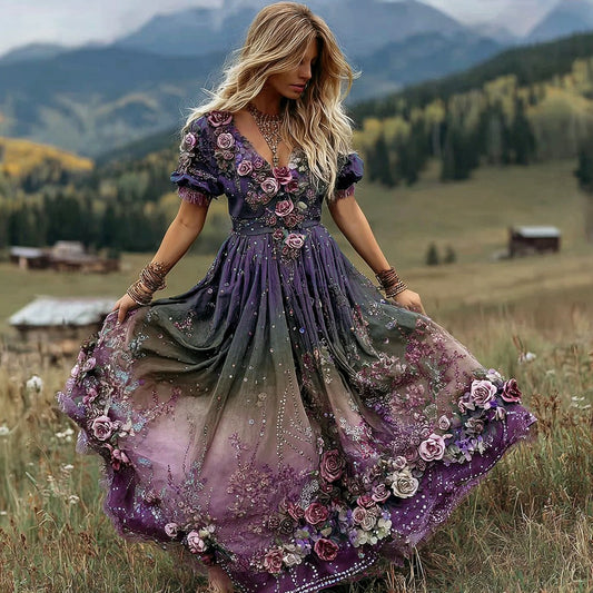 Vintage Gradient Purple Rose Embroidered Linen Maxi Dress artswardrobe