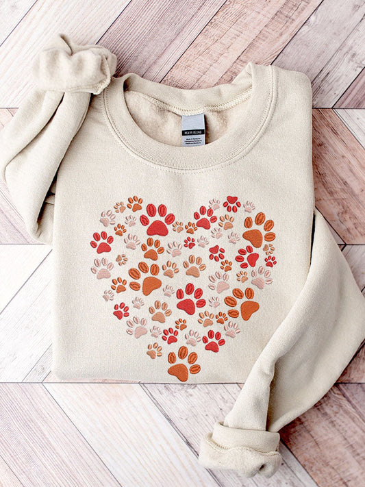 Embroidery Paws Hearts Pattern Casual Sweatshirt elevenforest