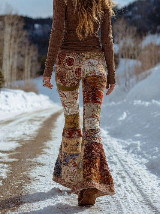 Comstylish Vintage Boho Floral Patchwork Art Comfy Flared Leggings