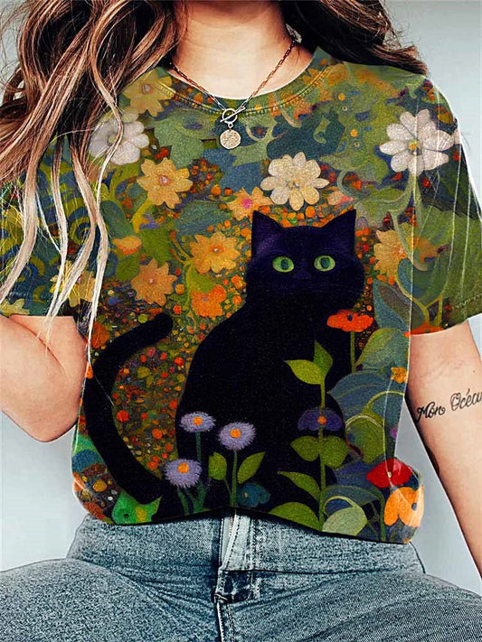 Funny Black Cat Floral Print Vintage T-Shirt elevenforest