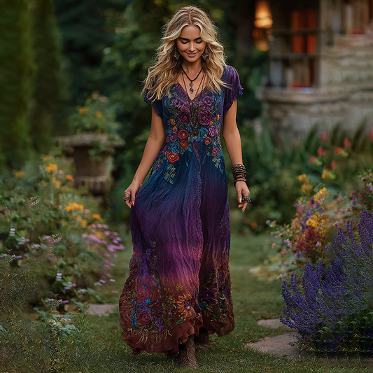 Vintage Lavender And Floral Embroidered Art Linen V Neck Maxi Dress artswardrobe