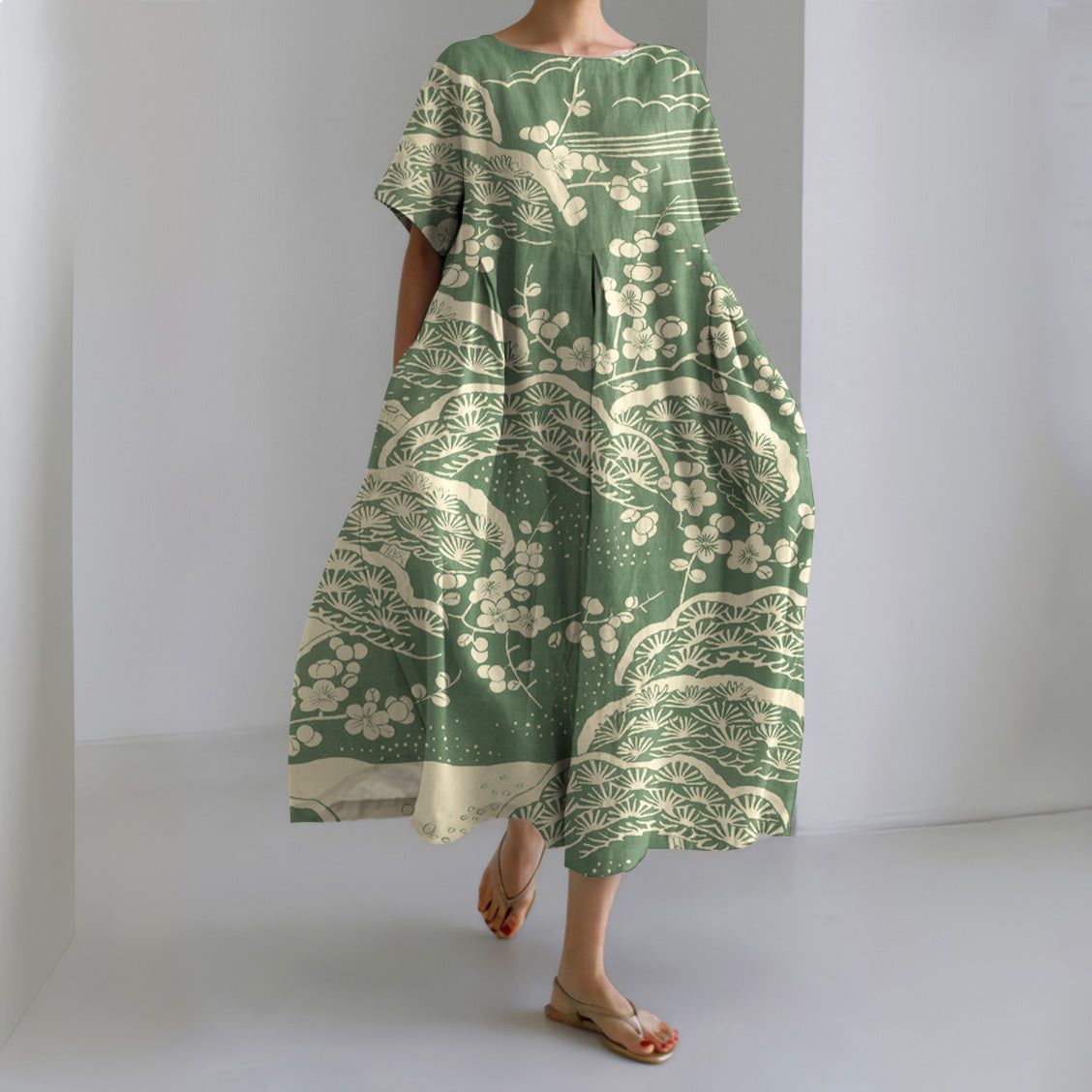 Comstylish Japanese Art Plum Blossom Printed Crew Neck Casual Midi Dress