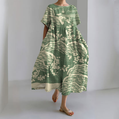 Comstylish Japanese Art Plum Blossom Printed Crew Neck Casual Midi Dress