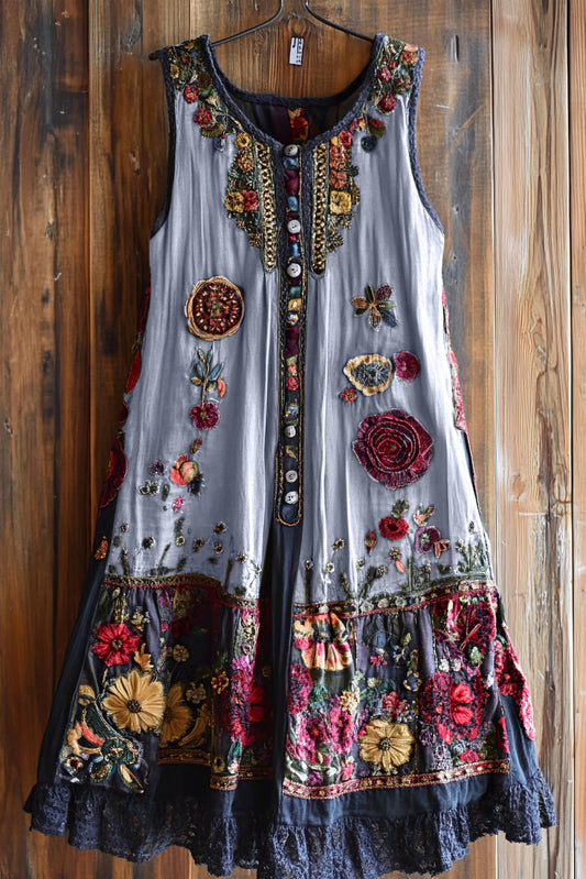 Vintage Floral Lace Patchwork Art Comfy Sleeveless Dress artswardrobe