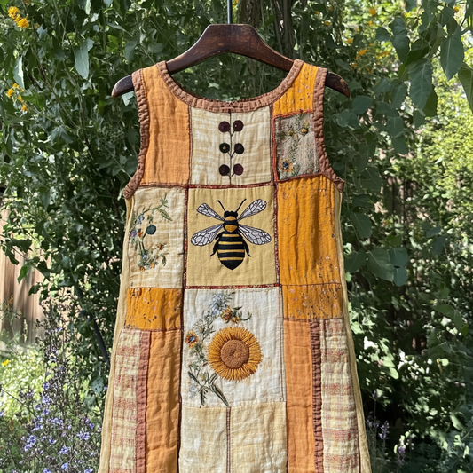 Women's Vintage Bee And Sunflower Art Print Sleeveless Dress artswardrobe