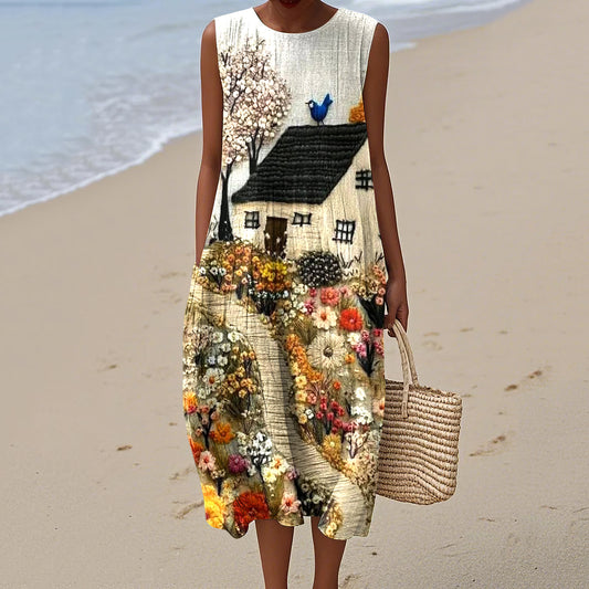 Vintage Loose  Hometown Rural Farm Bird Art Sleeveless Cotton And Linen Tank Dress artswardrobe