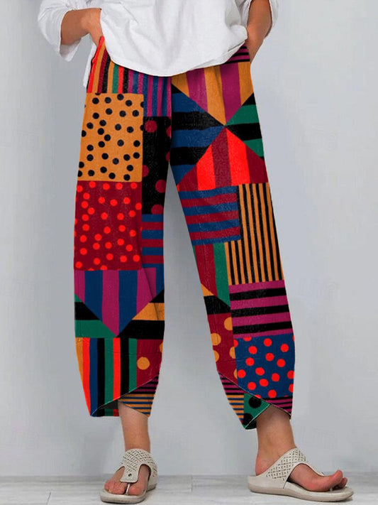 Comstylish Women's Vintage Geometric Pattern Linen Blend Pants