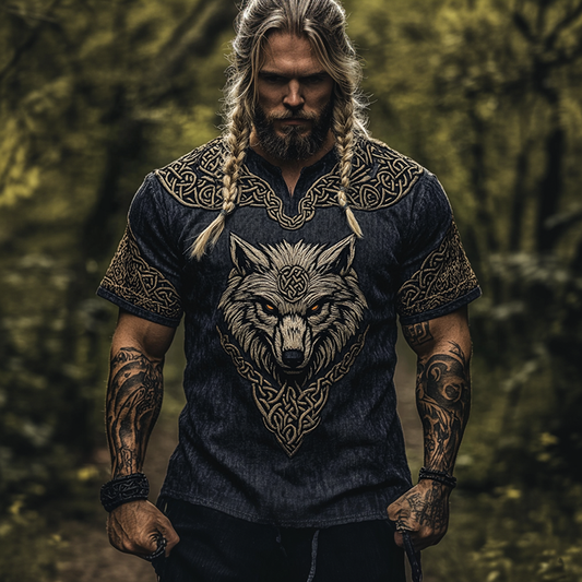 Men's Vintage Viking Celtic Knot Wolf Pattern V-neck Shirt artswardrobe