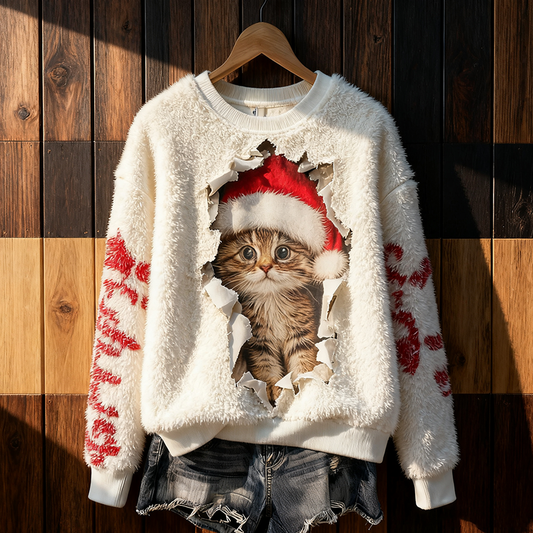 Comstylish Lady Christmas Fun Cat Design Flannel Sweatshirt