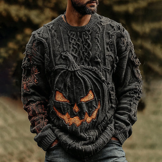 Retro Halloween Pumpkin Contrast Color Art Chunky Knitted Sweater artswardrobe